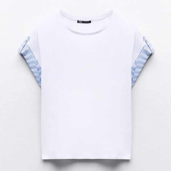 Zara white and blue short poplin details sleeves top t-shirt NWT - Picture 1 of 9